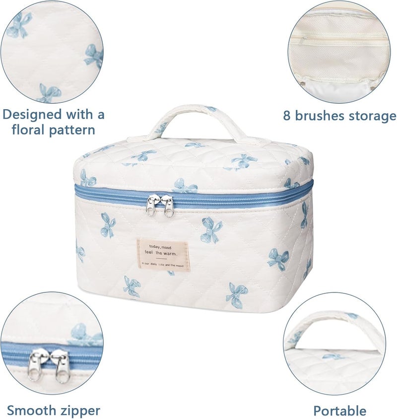 Gosect Large Makeup Bag, Cute Cosmetic Bag for Women Girls, Floral Coquette Aesthetic Toiletry Bag, Travel Make Up Organizer Bag (White Blue Butterfly Flower) - Image 4